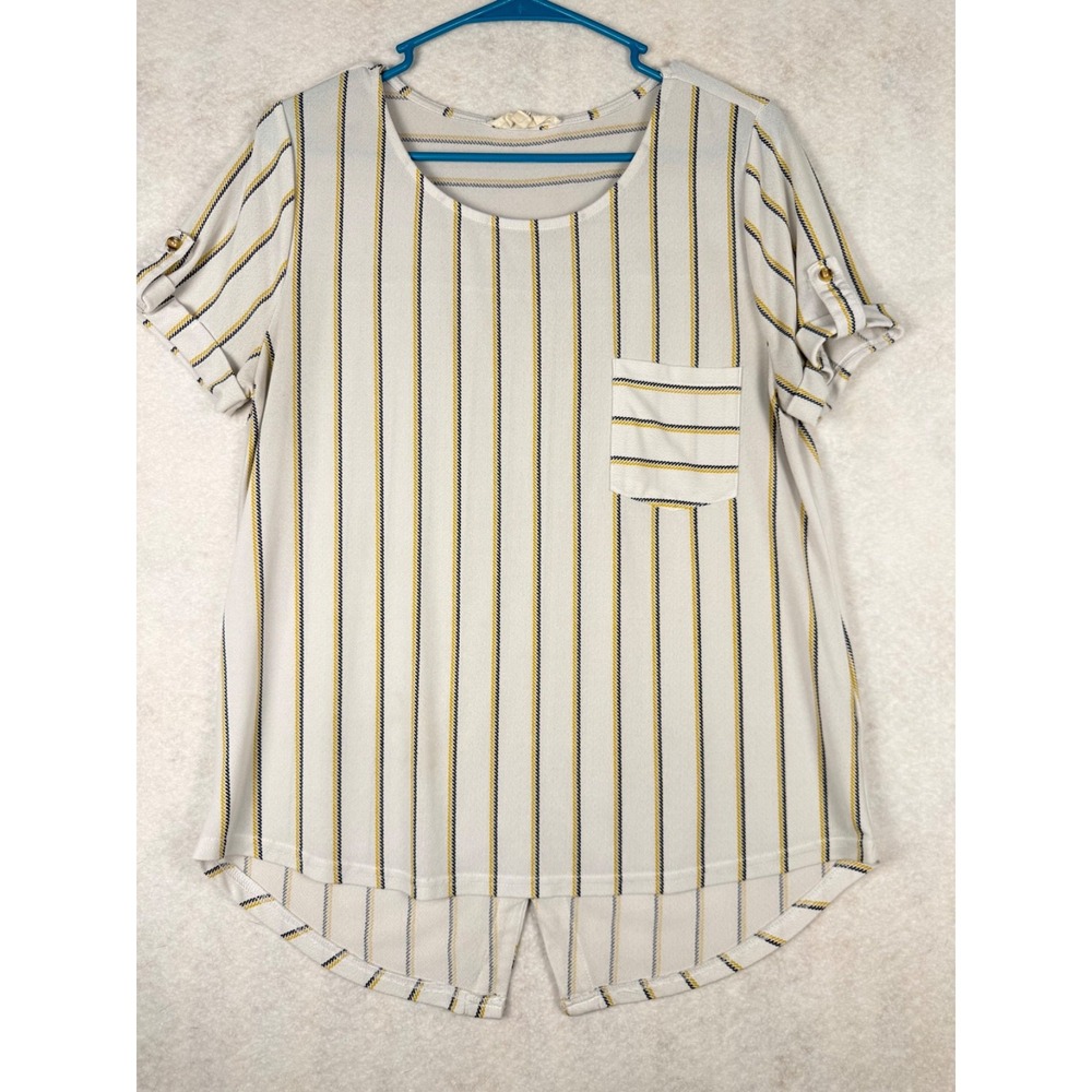 Womens Striped Blouse Short Roll Tab Sleeve Pocket High Low Hem Cream Blue Yello